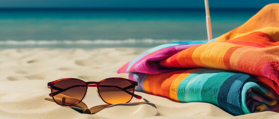 A colorful beach towel spread out on a bed of sand, surrounded by a beach umbrella, sunglasses, sunscreen, and a book. - obrazy, fototapety, plakaty