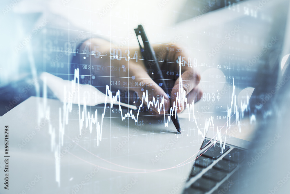 Aufkleber multi exposure of abstract financial graph with hand writing in notebook on background, financial an