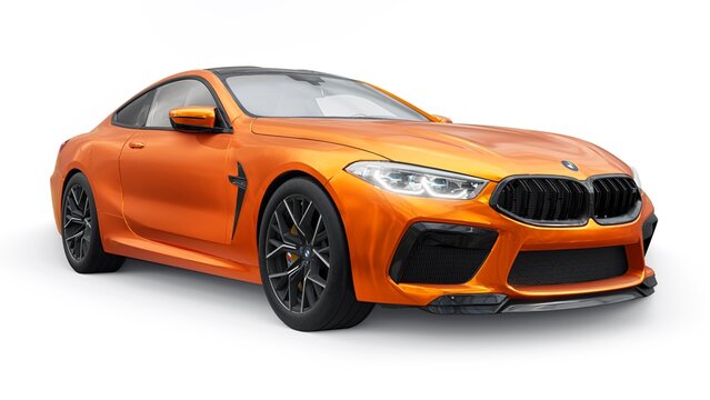 Germany, Berlin. December 10, 2023. BMW M8 2021. Large orange ultra sports coupe GT executive class on a white background. 3d rendering.