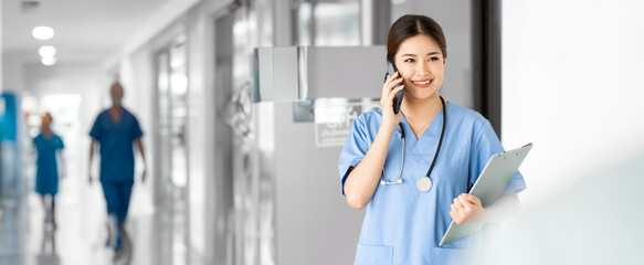 Nurse, phone call with happiness at doctor office with a smile. Clinic, healthcare worker and...