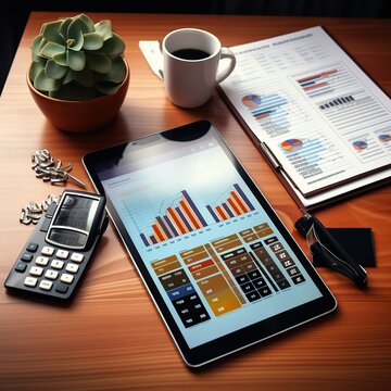 Financial graph on table, high angle and business group photo, with tablet phone and pen