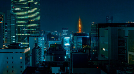 Skyscrapers in Minato, Tokyo, Japan with a view of Tokyo Tower