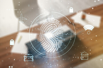 Multi exposure of abstract graphic fingerprint sketch and modern desktop with pc on background,...