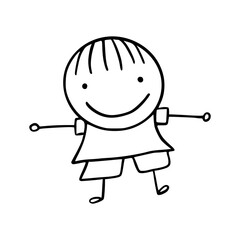 Hand-Drawn Line Art Cartoon of Happy Kids. Children Illustration.