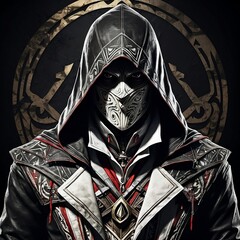 Assassin creed cover metal abstract black background retro tribal costume. Generative AI - obrazy, fototapety, plakaty