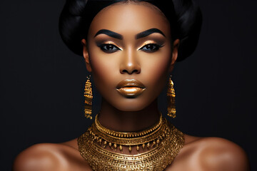 Afro american woman with ideal skin wearing golden luxury jewels