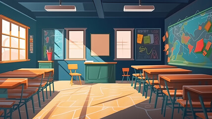 Empty classroom illustration for Game and Cartoon background and banner, Generative Ai