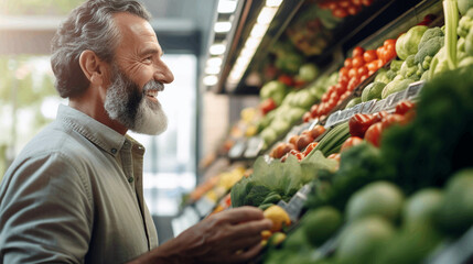happy shopkeeper with healthy and fresh vegetables