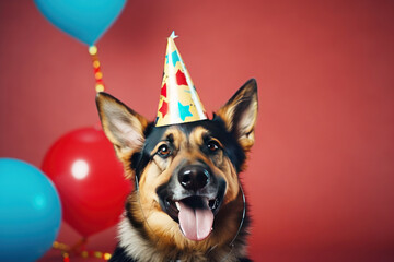 Cute German shepherd dog with festive hat and party decoration. Animal Birthday celebration