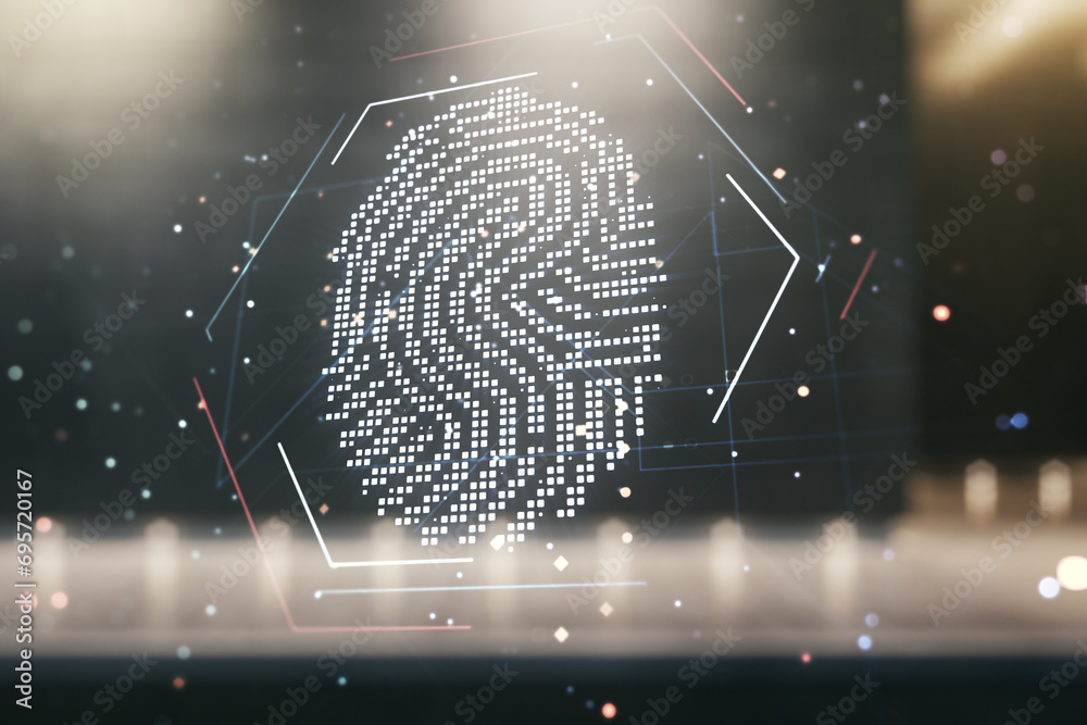 Poster multi exposure of virtual graphic fingerprint sketch on blurry contemporary office building backgrou