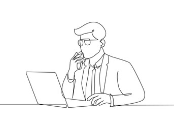 Continuous One Line Drawing of Businessman with Laptop. Man Professional Working One Line Illustration. Business Line Abstract Minimalist Contour Drawing. Vector EPS 10