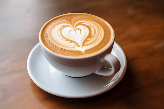 Coffee with latte art heart shape in white cup on wooden table. Love and Romantic coffee, Aroma, enjoy beverage, Relax on vacation with hot drinks.