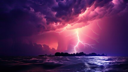 shows a purple lightning striking cloud above - obrazy, fototapety, plakaty