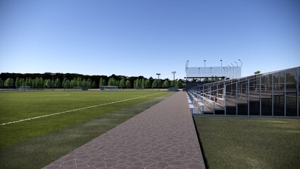3d render soccer practice filed with bleachers and bench