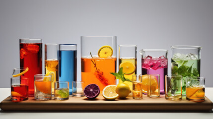 Variety of cocktails on bar table. Alcoholic drinks. Colorful cocktails.