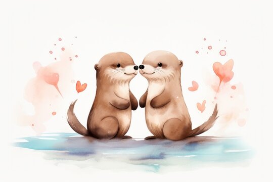 Cute watercolor otter in love, minimalist drawing