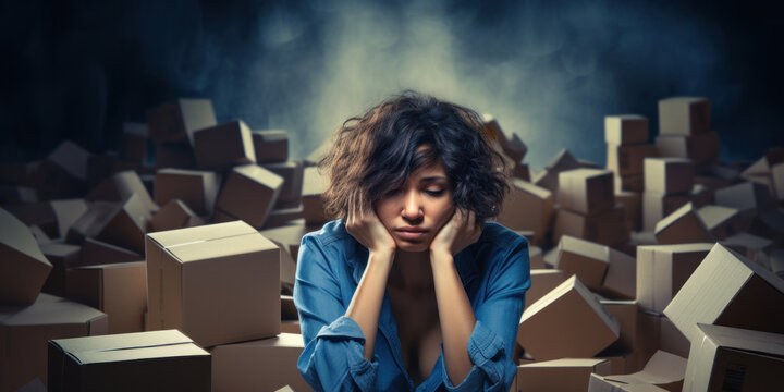 Unhappy Young Woman Surrounded By Cardboard Boxes. Stress And Anxiety Concept.