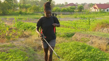 black female farmer Spray Fumigation for Weed Control Toxic Pesticides and Insecticides on Plantations. Industrial Chemical Agriculture in Africa 