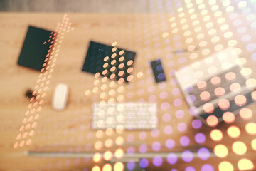 Creative abstract upward arrows sketch on modern laptop background, target and goal concept. Multiexposure