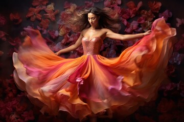Woman is dancing with bright and beautiful petals