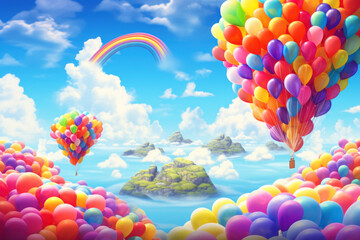 Bright balloons and vivid rainbows on a blue sky with pink clouds. 