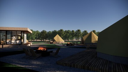 3d Render Glamping camping teepee tent, chairs and camp fire illustration © WINDERFULL STUDIO