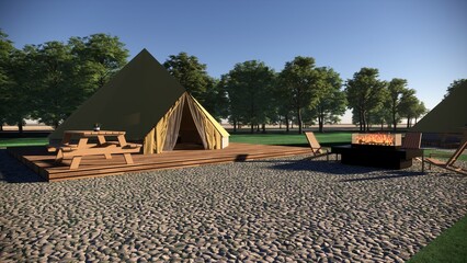 3d Render Glamping camping teepee tent, chairs and camp fire illustration © WINDERFULL STUDIO