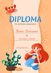 Diploma certificate vertical template with cute little mermaid, crab, seaweed. Vector background for school, preschool, kindergarten. Funny underwater animals in cartoon style.