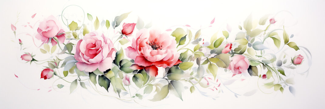 Floral arrangement - Painting with pink roses on a white background - Watercolor painting 