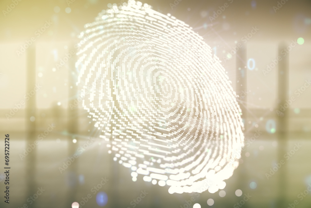 Aufkleber Multi exposure of virtual graphic fingerprint sketch on empty classroom background, fingerprint scan data concept