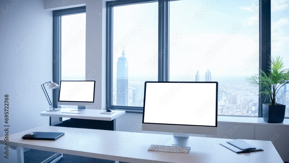 Poster workspace blank screen computer and equipment on table and window background. blank screen computer 