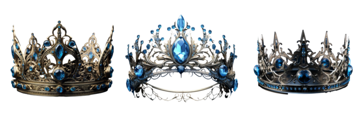 Enchanting Blue Crown Set: Regal Fantasies on Transparent Background