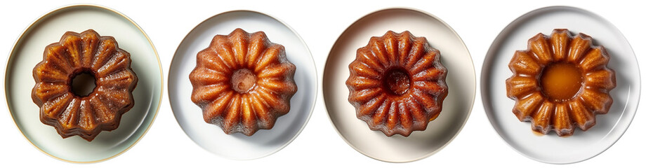 Brown Canele on a plate, top view