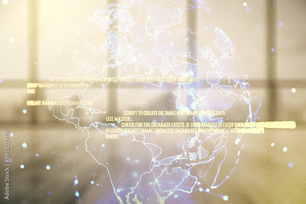 Aufkleber double exposure of abstract creative programming illustration and world map on empty room interior b