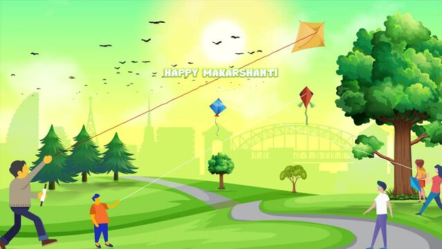 Joyful Kites: A Vibrant Makar Sankranti Celebration in the Park, Step into the joyous celebration of Makar Sankranti stock video. Watch as families and friends gather in a lush green park.