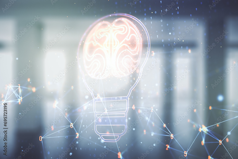Poster double exposure of abstract virtual creative light bulb hologram with human brain on empty modern of