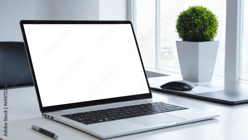 Poster workspace with blank white computer screen. desktop computer monitor with mockup white screen displa