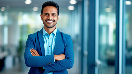 Smiling Indian businessman on blurred office background