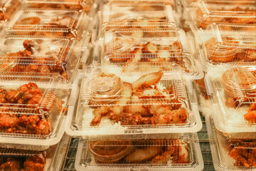 Fried pork sticky rice in a box ready for sale thailand style