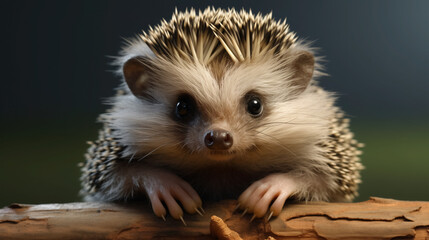 Fototapeta premium A small, curious hedgehog peers over a log in a soft, intimate portrait within the forest.