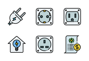 Home electricity icon set vector in colored outline style, it contains electric plug, socket, connector, bill, and house lights.