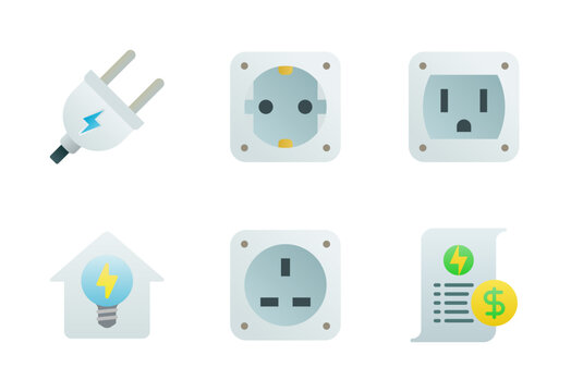Home electricity icon set vector in full color gradient style, it contains electric plug, socket, connector, bill, and house lights.
