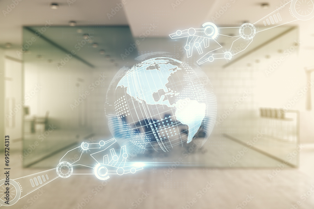 Poster abstract virtual robotics technology sketch with globe on a modern furnished office interior backgro