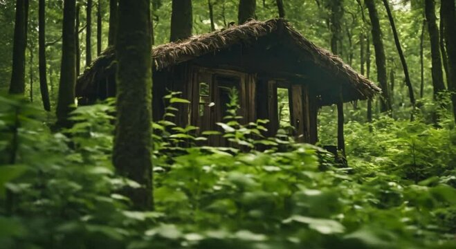 hut in the middle of a natural green forest