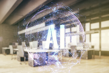 Double exposure of creative artificial Intelligence abbreviation hologram on a modern furnished...