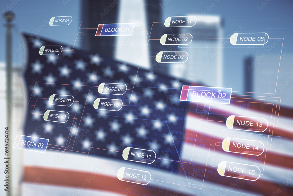 Poster multi exposure of abstract graphic coding sketch on us flag and skyline background, big data and net