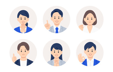 ポジティブなビジネスパーソン男女の顔アイコンセット【人物ベクターイラスト素材】