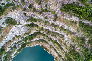 drone aerial view of old abandoned quarry