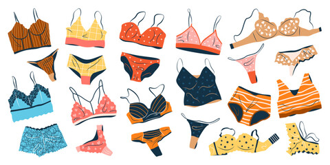 Bundle of female lingerie sets isolated on white background. Collection of elegant undergarments, sexy underwear, bras, bikini and panties for women. Hand drawn colorful flat vector illustrations. - obrazy, fototapety, plakaty