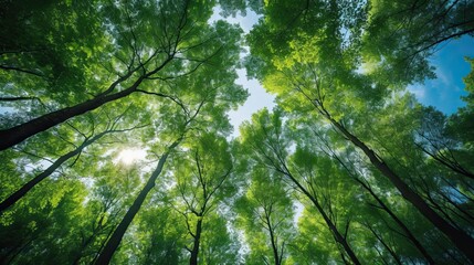 Fototapeta premium Trees in forest from below green tops of trees blue sky
